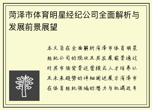 菏泽市体育明星经纪公司全面解析与发展前景展望